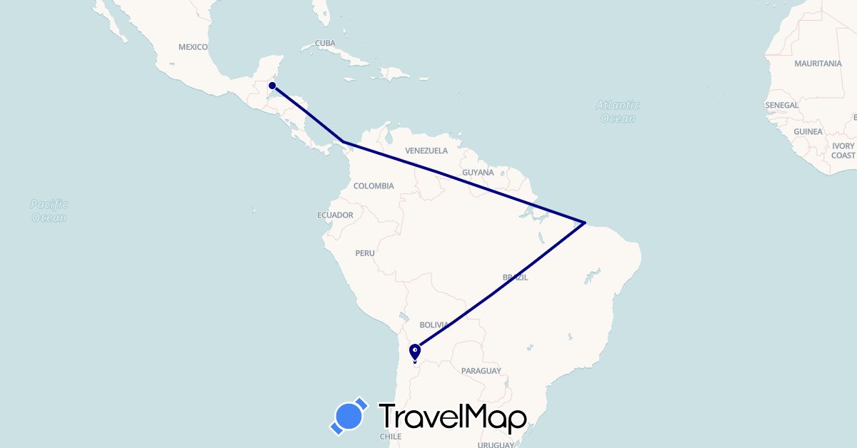TravelMap itinerary: driving in Bolivia, Brazil, Belize, Panama (North America, South America)